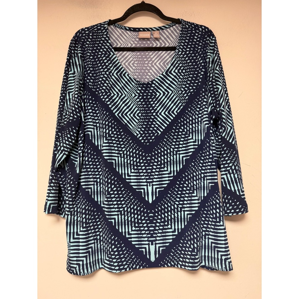 Chico's Geometric Chevron V-Neck Tunic Top Womens Size 3 XL Blue Aqua 3/4 Sleeve